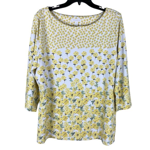 Charter Club Top XL Butter Yellow Floral  Stretch Modest Church Work Blouse - Picture 11 of 11